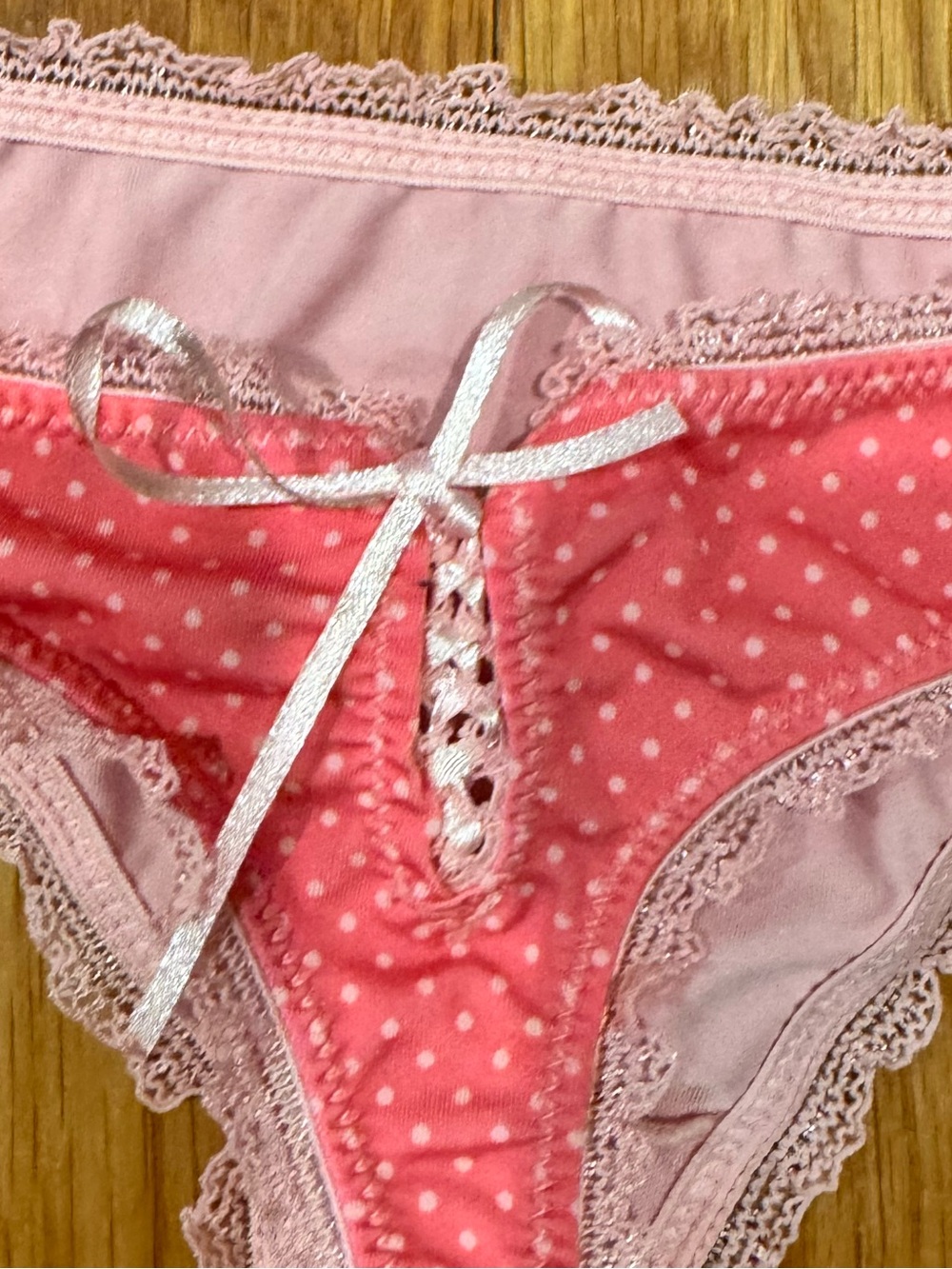 Women’s Pink Polka Dot Lace Corset Trim Thong Bottoms Panty Underwear XS - Picture 3 of 3
